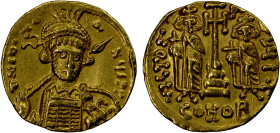 BYZANTINE EMPIRE: Constantine IV Pogonatus, 668-685, AV solidus (4.43g), Constantinople, S-1155, helmeted, draped, and cuirassed bust, wearing helmet ...