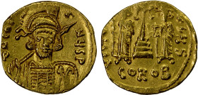 BYZANTINE EMPIRE: Constantine IV Pogonatus, 668-685, AV solidus (4.26g), Constantinople, S-1156, helmeted, draped, and cuirassed bust, wearing helmet ...
