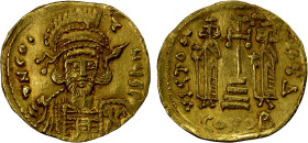 BYZANTINE EMPIRE: Constantine IV Pogonatus, 668-685, AV solidus (4.33g), Constantinople, S-1156, helmeted, draped, and cuirassed bust, wearing helmet ...
