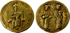 BYZANTINE EMPIRE: Romanus III Argyrus, 1028-1034, AV histamenon (4.32g), Constantinople, S-1819, Christ Pantokrator enthroned facing // Romanus standi...