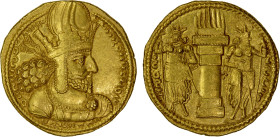 SASANIAN KINGDOM: Shahpur I, 241-272, AV dinar (7.42g), G-21, type IIc/1b, diademed bust of Shahpur right, wearing mural crown with korymbos // fire a...