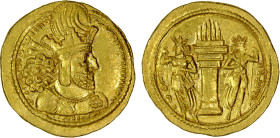 SASANIAN KINGDOM: Shahpur I, 241-272, AV dinar (7.33g), G-21, type IIc/1b, diademed bust of Shahpur right, wearing mural crown with korymbos // fire a...