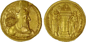 SASANIAN KINGDOM: Shahpur I, 241-272, AV dinar (7.40g), G-21, type IIc/1b, diademed bust of Shahpur right, wearing mural crown with korymbos // fire a...