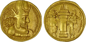 SASANIAN KINGDOM: Shahpur I, 241-272, AV dinar (7.39g), G-21, type IIc/1b, diademed bust of Shahpur right, wearing mural crown with korymbos // fire a...