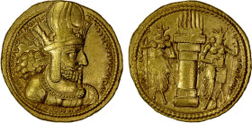 SASANIAN KINGDOM: Shahpur I, 241-272, AV dinar (7.45g), G-21, type IIc/1b, diademed bust of Shahpur right, wearing mural crown with korymbos // fire a...