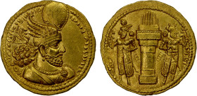SASANIAN KINGDOM: Varhran II, 276-293, AV dinar (7.42g), G-48, Sunrise-763, draped bust right, wearing curved winged crown surmounted by a korymbos //...