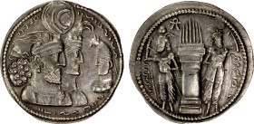 SASANIAN KINGDOM: Varhran II, 276-293, AR drachm (3.89g), G-64 (VII/2), Sunrise-786, busts of the king, queen, and prince, the prince not holding anyt...