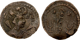 WESTERN TURKS: Later Nezak, ca. 7th century, AE reduced drachm (2.28g), G-271, cf. Zeno-165168, in the name of Zhulad: bust left, with two shoulder wi...