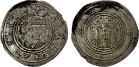ARAB-SASANIAN: al-Hajjaj b. Yusuf, 694-713, AR drachm (3.68g), BYSh (Bishapur), AH77, A-A35, the first truly Arabic type, with his name in Arabic and ...