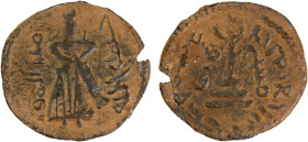 ARAB-BYZANTINE: Standing Caliph, ca. 692-697, AE fals (2.43g), Manbij, A-3533.1, TG-371/380, without the name of the caliph; lovely patination, bold V...