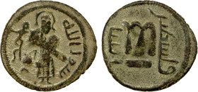 ARAB-BYZANTINE: Standing Caliph, ca. 692-700, AE fals (2.82g), Iliya (Jerusalem), A-3545, TG-1/16, standing caliph, muhammad rasul Allah around // cur...