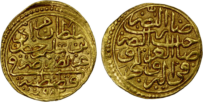 OTTOMAN EMPIRE: Murad III, 1574-1595, AV sultani (3.50g), Kostantiniye, AH982, A...