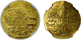 EGYPT: Abdul Hamid I, 1774-1789, AV zeri mahbub, Misr, AH1187, KM-126.2, with Arabic "'abd" instead of regnal year on the reverse, MS62.
Estimate: US...