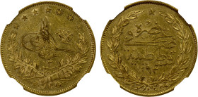 TURKEY: Abdul Hamid II, 1876-1909, AV 100 kurush, Kostantiniye, AH1293 year 3, KM-725, NGC graded AU53.
Estimate: USD 375 - 450