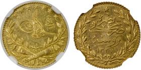 TURKEY: Mehmet V, 1909-1918, AV 25 kurush, Bursa, AH1327 year 1, KM-787, N-143156, for the sultan's city visit to Bursa, struck at the Istanbul mint, ...