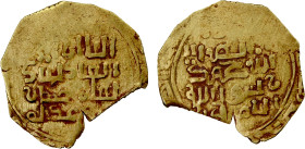GREAT MONGOLS: Anonymous, ca. 1220s-1250s, AV dinar (2.66g), ND/DM, A-1966, obverse legend al-qa'an al-a'zam / al-'adil pad / shah jahan / ... 'adluhu...