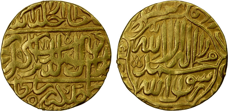 MUGHAL: Akbar I, 1556-1605, AV mohur (9.48g), Agra, AH971, KM-105.1, apparently ...