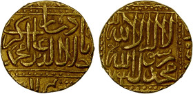 MUGHAL: Akbar I, 1556-1605, AV mohur (10.91g) (Anhirwala Pattan), AH984, KM-108 (mint unlisted), Liddle-G6 (same dies), royal legend in dotted cartouc...