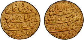 MUGHAL: Shah Jahan I, 1628-1658, AV mohur (10.93g), Surat, year 2, KM-255.6, month of Azar, very minor repair work done on this example, superb bold s...