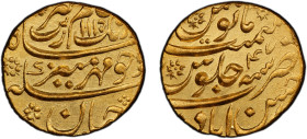 MUGHAL: Aurangzeb, 1658-1707, AV mohur (11.00g), Ahsanabad, AH1115 year 47, KM-315.3, a lovely lustrous mint state example! PCGS graded MS63.
Estimat...
