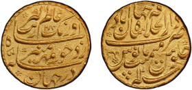 MUGHAL: Aurangzeb, 1658-1707, AV mohur (10.87g), Shahjahanabad, AH1080 year 12, KM-315.42, a lustrous nearly mint state example, PCGS graded AU58.
Es...
