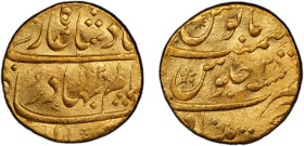 MUGHAL: Shah Alam Bahadur, 1707-1712, AV mohur (10.95g), Khujista Bunyad, AH1120 year 2, KM-356.7, wavy flan, PCGS graded About Unc details.
Estimate...