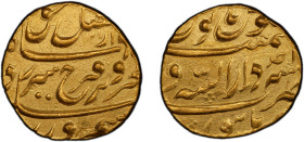 MUGHAL: Farrukhsiyar, 1713-1719, AV mohur (10.94g), Burhanpur, AH1125 year 1, KM-390.11, Hijri date in tiny numerals at the upper right of the obverse...