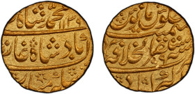 MUGHAL: Muhammad Shah, 1719-1748, AV mohur (10.90g), Akbarabad, AH1139 year 9, KM-438.2, small scratch on reverse, lustrous, PCGS graded Unc details....