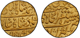 MUGHAL: Ahmad Shah Bahadur, 1748-1754, AV mohur (10.82g), Akbarabad, AH1165 year 5 (recut over 6!), KM-449.1, an attractive lustrous mint state exampl...