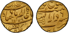 MUGHAL: Shah Alam II, 1759-1806, AV mohur (10.98g), Burhanpur, AH1179 year 6, M&W-T1a type, mint name as Dar us-Sarur Burhanpur, Shiva linga mint mark...