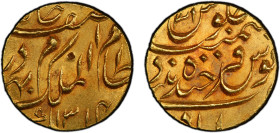 HYDERABAD: Mahbub Ali Khan, 1868-1911, AV mohur (11.15g), Farkhanda Bunyad, AH1314 year 31 (1896), Y-22, damaged (which is one testmark in the obverse...