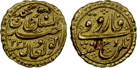 MYSORE: Tipu Sultan, 1782-1799, AV pagoda (faruqi) (3.39g), Nagar, AM1220 year 10, KM-115/6, minor adhesions, appears to have been struck with rusty d...