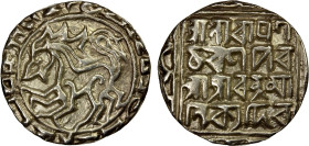 TRIPURA: Ratna Manikya, 1454-1489, AR tanka (10.53g), SE1386, KM-27, R&B-8, lion facing left, legend around citing Narayana Charana and the date SE138...