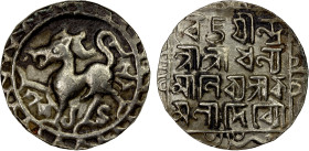 TRIPURA: Dhanya Manikya, 1490-1526, AR tanka (10.47g), ND, KM-47, R&B-64, lion facing left, border of triangles // 4-line legend vijayindra sri sri dh...