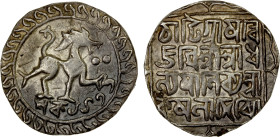 TRIPURA: Dhanya Manikya, 1490-1526, AR tanka (10.61g), SE1435, KM-48, R&B-73, lion facing right, border of solid triangles, two pellets added by lion'...