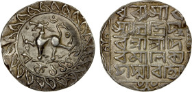 TRIPURA: Deva Manikya, 1526-1532, AR tanka (10.69g), SE1449, KM-54, R&B-80, lion facing left in small circle, ornate border // 5-line legend dhurasara...