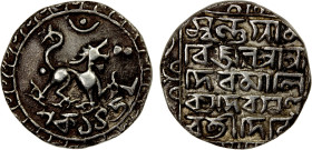 TRIPURA: Deva Manikya, 1526-1532, AR tanka (10.39g), SE1452, KM-, R&B-85 (this piece), lion facing right, fancy toothed border // 5-line legend suvarn...