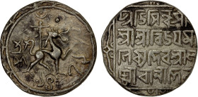 TRIPURA: Vijaya Manikya, 1532-1564, AR tanka (10.78g), SE1479, KM-65, R&B-113, lion facing right with pellet at upper right, floral border // 5-line l...