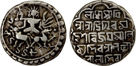 TRIPURA: Vijaya Manikya, 1532-1564, AR tanka (10.57g), SE1482, KM-67, R&B-121/22, Ardhanarishvara type, half of 10-hand Durga and half of Shiva conjoi...