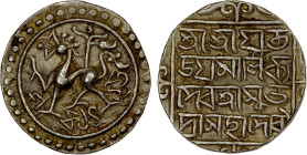 TRIPURA: Jaya Manikya, 1573-1577, AR tanka (10.69g), SE1495, KM-85, R&B-150, lion left, dot left of its mouth, border of pellets // 3-line legend sri ...