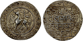 TRIPURA: Rajadhara Manikya, 1586-1599, AR tanka (10.68g), SE1508 (1586), KM-97, R&B-183/85, lion left, border of annulets // 4-line legend sri sri yut...