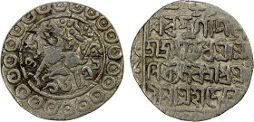 TRIPURA: Dharma Manikya, 1714 & 1728-1739, AR tanka (10.15g), SE1636, KM-199, R&B-226, lion left, border of annulets // 4-line legend siva durga pade ...