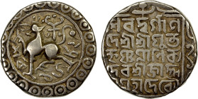 TRIPURA: Krishna Manikya, 1760-1761 & 1767-1783, AR tanka (10.61g), SE1682, KM-228, R&B-254, lion left, border of annulets // 5-line legend siva durga...