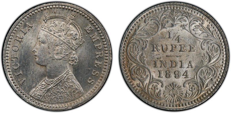 BRITISH INDIA: Victoria, Empress, 1876-1901, AR ¼ rupee, 1894-C, KM-490, S&W-6.3...