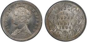 BRITISH INDIA: Victoria, Empress, 1876-1901, AR ¼ rupee, 1894-C, KM-490, S&W-6.320, Prid-399, a wonderful mint state example! PCGS graded MS64.
Estim...