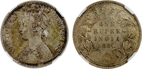BRITISH INDIA: Victoria, Empress, 1876-1901, AR rupee, 1880-B, KM-492, slant top 1 variety, a wonderful toned mint state example! NGC graded MS64.
Es...