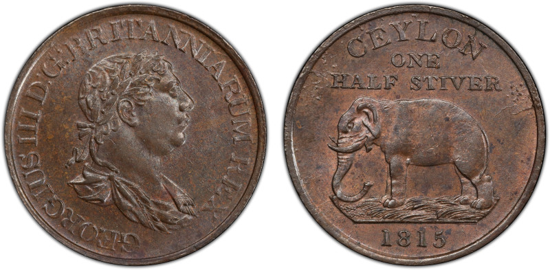 CEYLON: George III, 1760-1820, AE ½ stiver, 1815, KM-80, Prid-92, a wonderful lu...