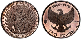 INDONESIA: Republic, AR 750 rupiah, 1970, KM-26, 25th Anniversary of Independence - winged Garuda, PCGS graded Proof 67 DCAM.
Estimate: USD 150 - 250