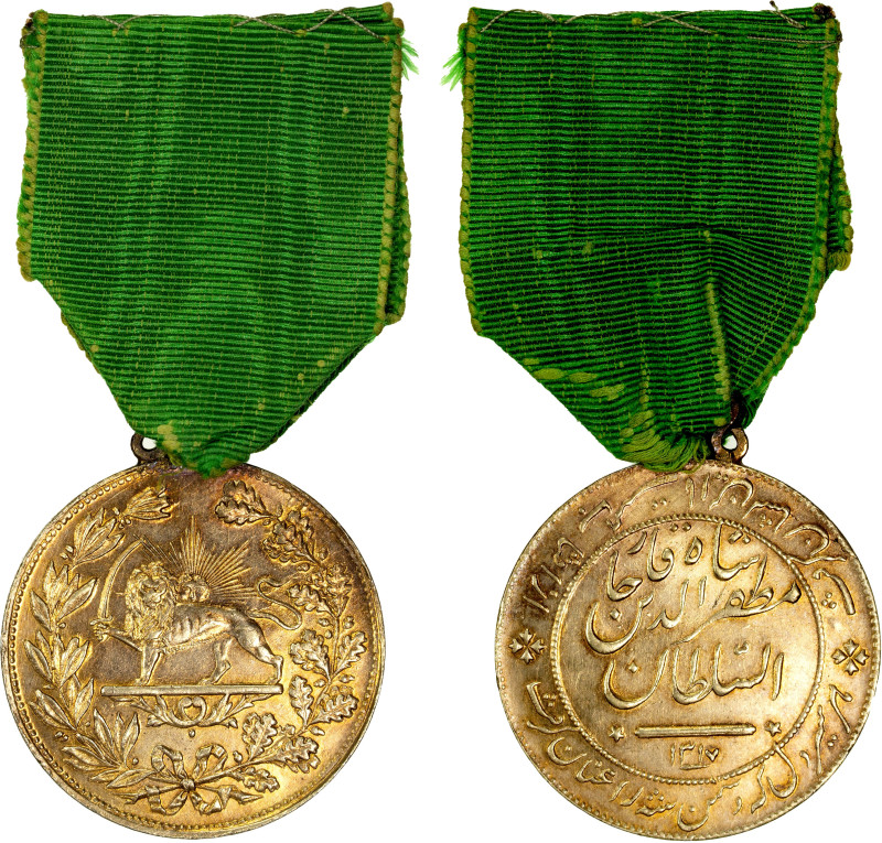 IRAN: Muzaffar al-Din Shah, 1896-1907, gilt AR medal, AH1317, Rabino-68, lion ho...