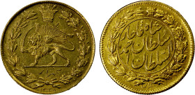 IRAN: Ahmad Shah, 1909-1925, AV 5000 dinars (1.42g), Tehran, AH1329, KM-1067, lion & sun within wreath // ruler's name within wreath, EF to About Unc,...